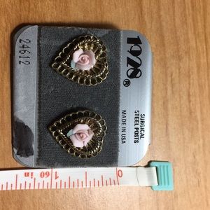 Intricate brass-toned porcelain rose earrings